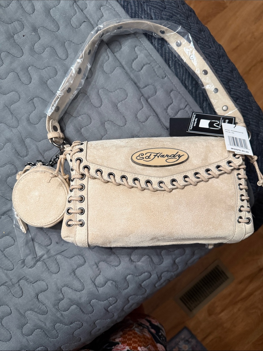 Ed Hardy Beige Lace-Trim Shoulder Bag with Coin Pouch